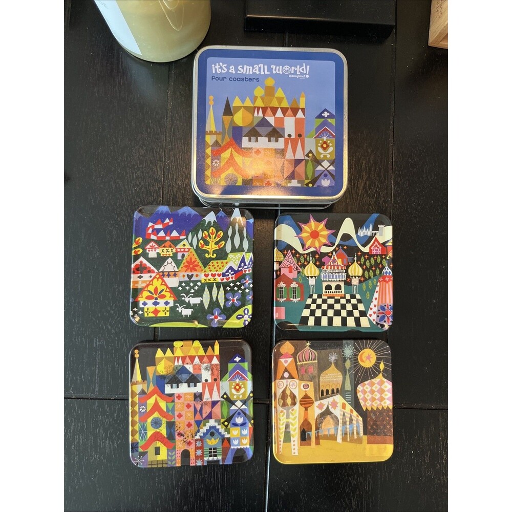 Disneyland It's a Small World Mary Blair Four Square Coasters Set with Tin